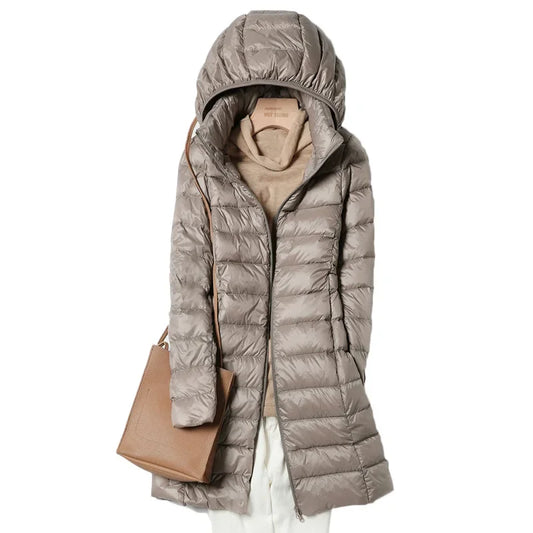 White Down Jacket Women's Mid-Length 2023 Winter New Detachable Hoody Slim Plus Size White Duck Down Coat