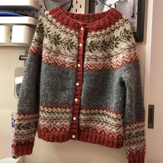 Vintage Knitting Long Sleeve Casual Green Striped Pullovers Women 2025 Winter Fashion Round Neck Ladies Loose Female Sweater Top