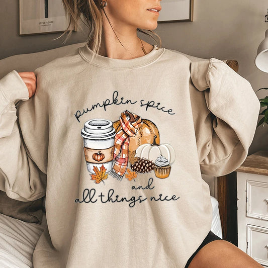 Pumpkin Spice And All Things Nice Print Sweatshirt Casual Long Sleeve Crew Neck Pullovers For Fall & Winter Women's Clothing