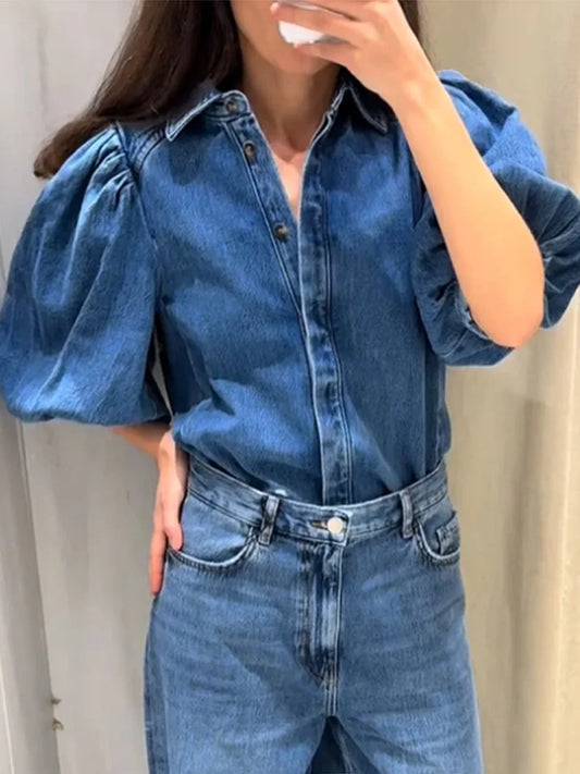 Street Denim Women's Shirt Solid Puff Half Sleeve Single Breasted Pleated Blouses Female 2025 Spring Summer All-match Streetwear