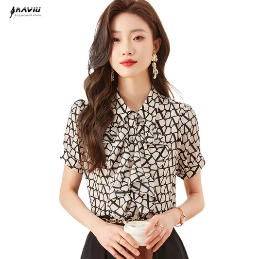 NAVIU Elegant Women Ruffles Shirt New Summer Temperament Short Sleeve Slim Chiffon Blouses Office Ladies Work Tops