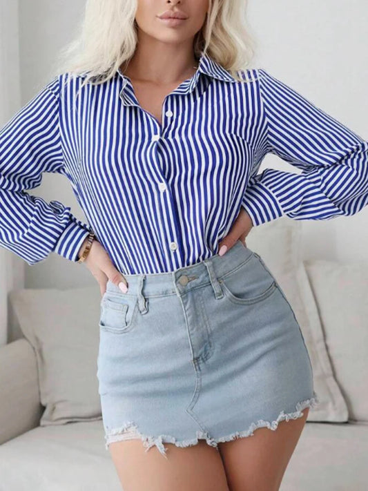 Women's street style thin classic business blue and white striped button-up lapel long-sleeved shirt